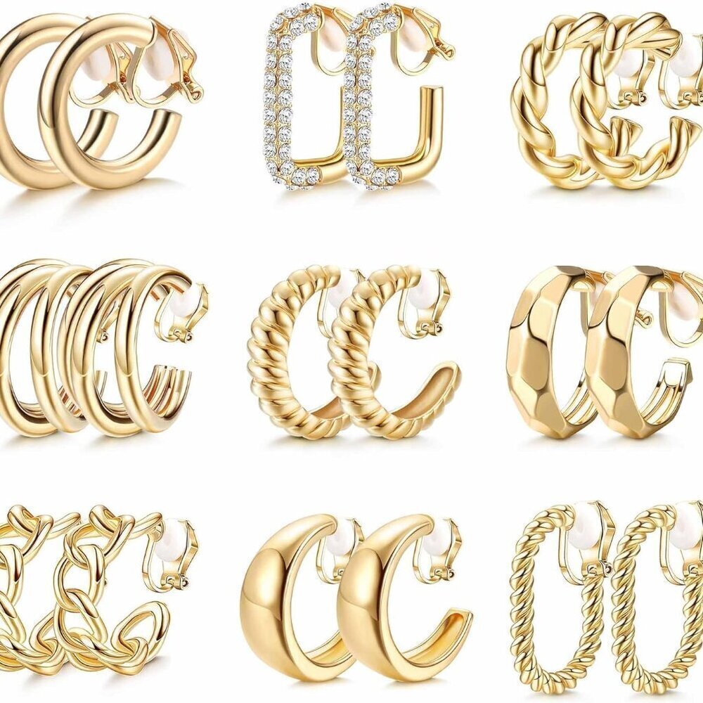 14K Gold Plated Clip On Earrings Set Hoop Dangle Woman Jewelry Gifts